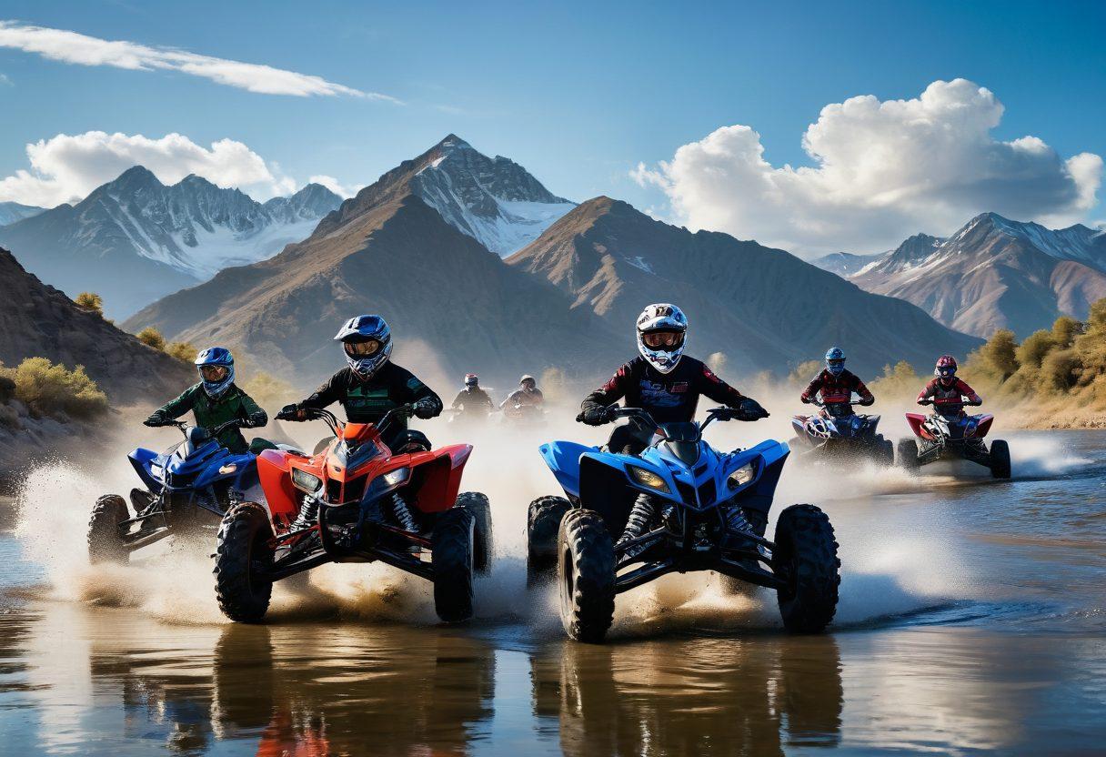 A vibrant, action-packed scene of diverse powersport vehicles like ATVs, dirt bikes, and jet skis racing across a breathtaking landscape filled with mountains and water. Enthusiasts in colorful riding gear enthusiastically enjoying the thrill of their adventures. Include a clear blue sky with dynamic clouds, adding energy to the atmosphere. super-realistic. dynamic colors. outdoor adventure.
