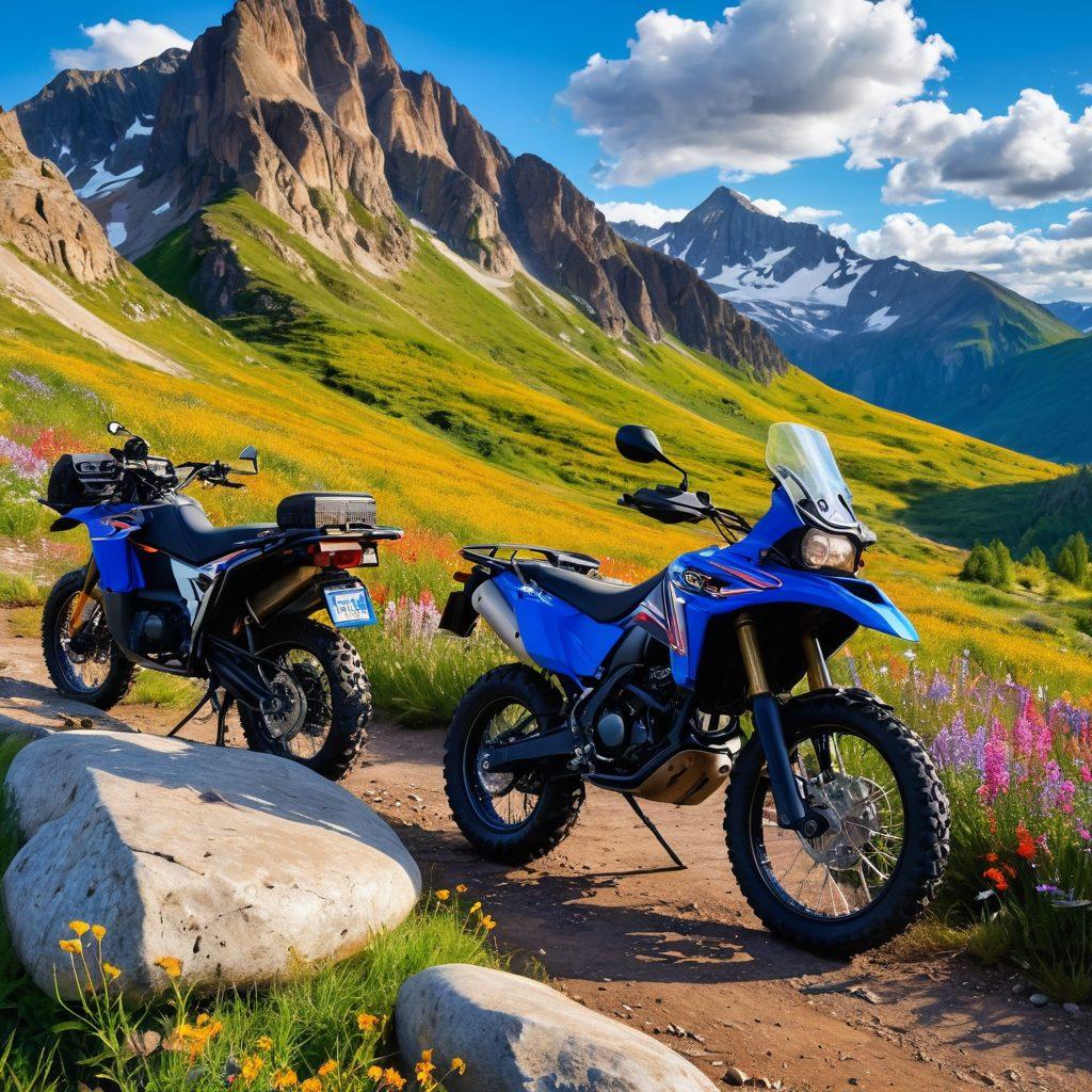 A scenic landscape showcasing a powerful motorcycle and an ATV parked on a rugged trail, surrounded by majestic mountains and wildflowers. The sky is bright blue with fluffy white clouds, and a rider in stylish gear is inspecting the gear on the motorcycle. Include elements symbolizing adventure like a compass and a map. super-realistic. vibrant colors. high detail.
