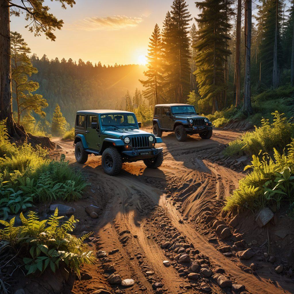 A visually striking landscape featuring a rugged off-road path winding through a lush forest, with a motorbike and a Jeep parked side by side, showcasing the transition from two-wheelers to four-wheelers. Include scattered dirt and mud splashes to emphasize adventure, vibrant greenery, and a clear blue sky. Add a sunset in the background to create warmth and atmosphere. super-realistic. vibrant colors. natural scenery.